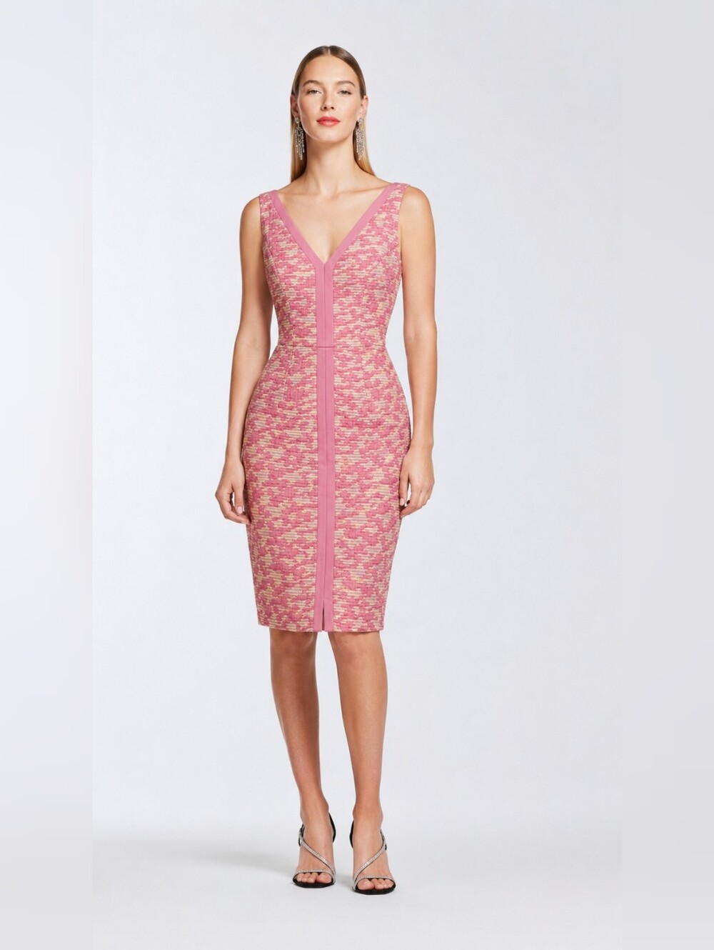 Sleeveless Pink Tweed V-Neck Sheath Dress